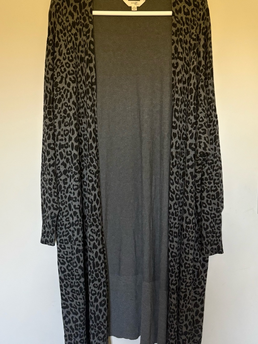 Terra & Sky Charcoal and Black Leopard-Print Long Open Cardigan- 3X
